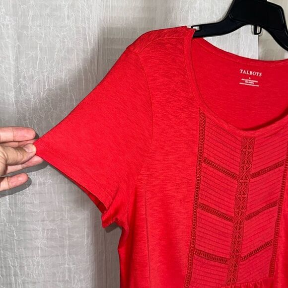 Talbots L Red Crochet Lace Pleated Front Short Sleeve Cotton Modal Tee - Picture 5 of 11